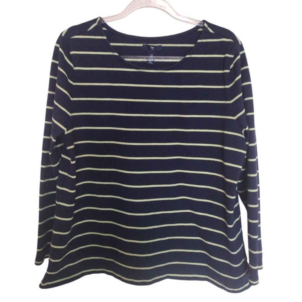 Gap Top Woman's XL Navy Neon Green Stripes Round Neck Long Sleeves Knit Cotton